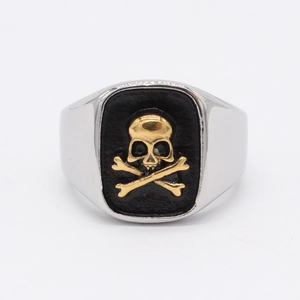 Retro punk style stainless steel skull and crossbones ring in silver and gold contrast