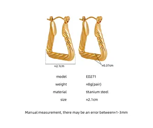 Size chart showing dimensions and technical specs for gold twisted triangular earrings