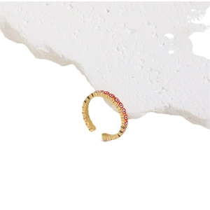 Adjustable gold evil eye open ring with red and white enamel detailing on white stone