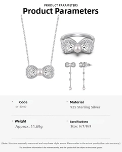 Detailed view of S925 sterling silver jewelry set featuring pearl bow and zircon accents