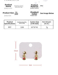 Detail of Christmas reindeer stud earrings with red enamel on a 4.5x6cm display card