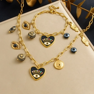 Collier Et Bracelet Main De Hamsa Coeur Mauvais Oeil Acier Inoxydable Plaqué Or Émail Style Bohème Vintage Pour Femmes