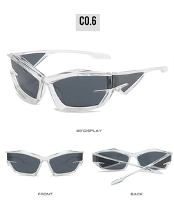 Three-angle views showing front, back, and 45-degree detail of futuristic cat eye sunglasses