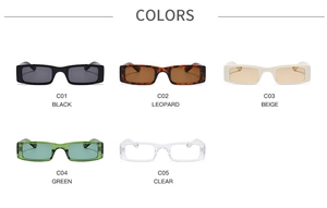 Collection of rectangular narrow sunglasses in black, leopard, beige, green and clear frames