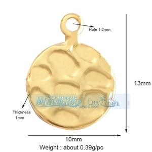 Detail showing dimensions of 10mm hammered gold plated round metal pendant for DIY jewelry