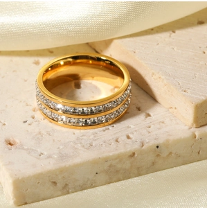 Detail of 18k gold plated titanium steel ring with double row square zircon stones