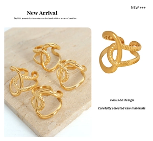 Detailed view of irregular 18K gold plated twisted ring with smooth and textured lines