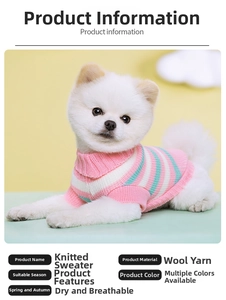 Detail of pink and blue striped knit dog sweater with warm turtleneck collar