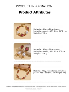 Detailed view of vintage gold necklace set with pink floral rhinestones and baroque pearls