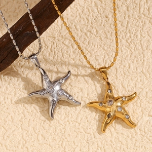 Starfish Pendant Necklace 18K Gold Plated Stainless Steel Cubic Zirconia Marine Ocean Style Ball Chain For Women