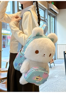 Side view of white plush bear backpack with blue straps on a female model