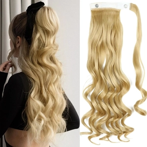 Detailed comparison of long wavy blonde ponytail extension on model and as a single piece
