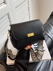 Sac bandoulière carré noir rétro texture litchi avec large bandoulière à motifs