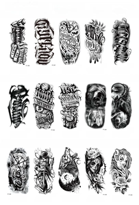 Detailed catalog of 15 waterproof temporary tattoos with wolf and skull designs