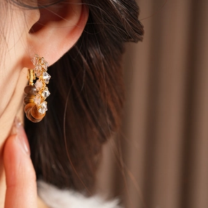 Close-up of C-shaped earrings with zircons and brown tiger eye beads on model