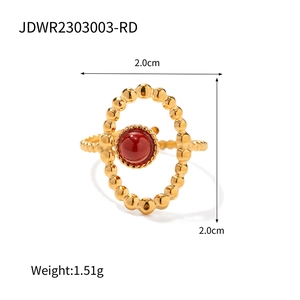 Detail view of gold steel ring with red stone showing size 2.0cm and weight 1.51g