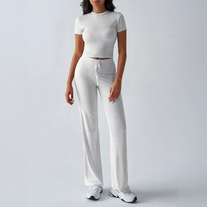 Women's casual grey two-piece set featuring short sleeve t-shirt and drawstring joggers