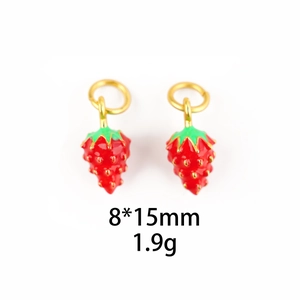 Red strawberry pendant charms with green leaves for DIY necklaces, 8x15mm size