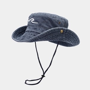 Vintage navy blue washed denim bucket hat with white wave embroidery and windproof rope