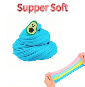 Blue butter slime with avocado charm being pulled to show colorful tri-color texture
