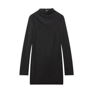Women Sexy Mini Dress Long Sleeve Draped Neck Pleated Slim Fit Polyester Elegant Party Cocktail Black