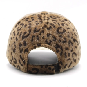 Back view of leopard print baseball cap with fuzzy texture and adjustable strap buckle