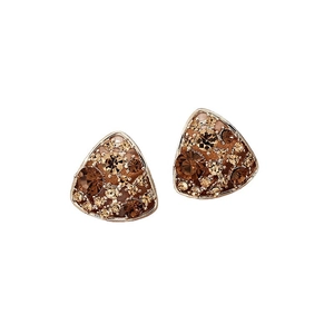 Triangle stud earrings in rose gold with champagne crystals on white background