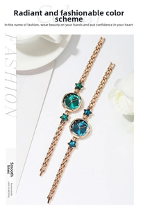 Close-up of rose gold bracelet watches with starfish gems and emerald green dials