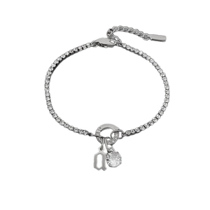 Silver titanium steel tennis bracelet with gothic letter A and sparkling CZ pendant