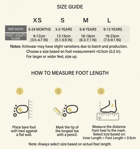 Size chart and measurement guide for anti-slip mesh baby socks and athletic white socks