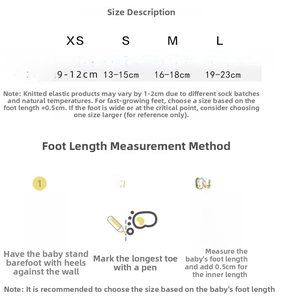 Size chart and measurement guide for anti-slip mesh baby socks and athletic white socks