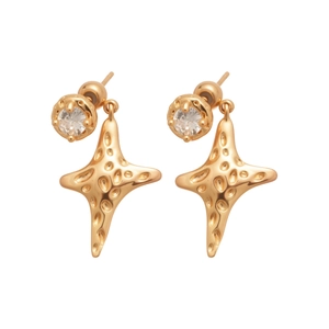 Gold plated star earrings with sparkling zircon stones and hammered metal texture for women