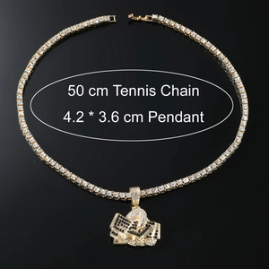 Detailed view of gold tennis chain with 4.2x3.6 cm iced out money stack pendant necklace