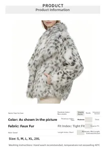 Detail view of leopard print faux fur coat with size chart and fabric specifications