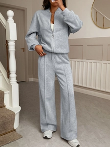 Women's casual grey two-piece tracksuit set with full-zip jacket and straight pants