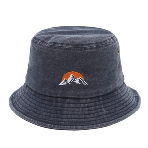 Washed dark grey denim bucket hat with sun and mountain embroidery for outdoor sun protection