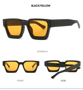 Classic square frame sunglasses with black frames and yellow lenses from multiple angles