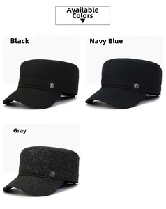 Three men's winter flat top cadet hats in black, navy, and grey with a metallic F badge