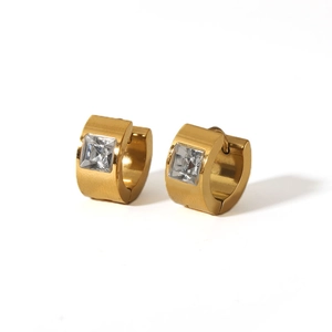 Detail of square-cut zircon stud earrings in 18K gold-plated stainless steel