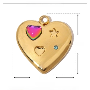 Detailed size specifications for 15x16mm gold heart pendant with crystal inlay