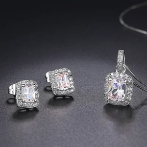 Geometric Square Cubic Zirconia Pendant Necklace And Halo Earrings Jewelry Copper Rose Gold Plated For Women Elegant Classic