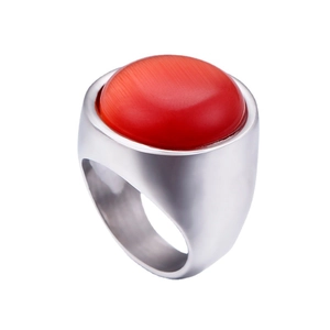 Steel ring featuring a large round red cat-eye stone inlay on a silver-toned wide band