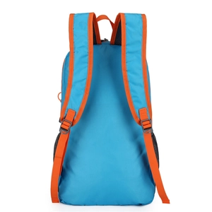 Lightweight sky blue foldable outdoor backpack with orange straps and breathable mesh