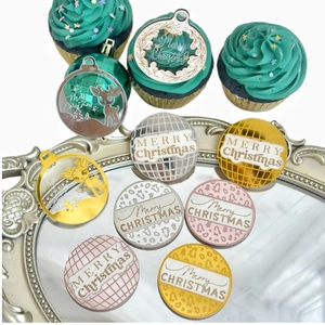 Christmas Cupcake Toppers Layered Acrylic Wood Mirror Laser Engraved Reindeer Tree Party Cake Decorations