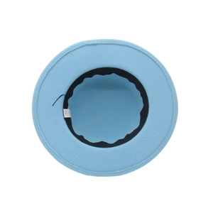 Interior view of light blue wide brim felt hat showing black sweatband and inner lining
