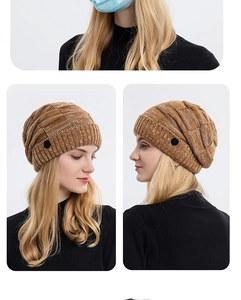 Detail of winter knitted beanie with buttons for mask attachment and ribbed texture