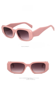 Detailed views of irregular square taro purple sunglasses with thick frame and gradient lenses