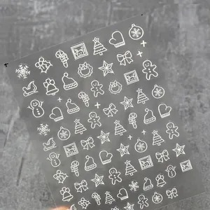 Christmas Nail Art Stickers White Embossed Snowflake Gingerbread Man Self Adhesive Winter DIY Decals For Women