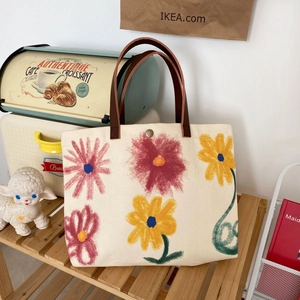 Canvas Tote Bag Floral Print Large Capacity Hand Painted Flower Handbag With Faux Leather Handles For Women Student Sweet