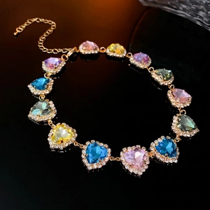 Heart Rhinestone Necklace Copper Clavicle Chain Halo Multi Color Gemstone Choker For Women Fashion Jewelry Gold Plated